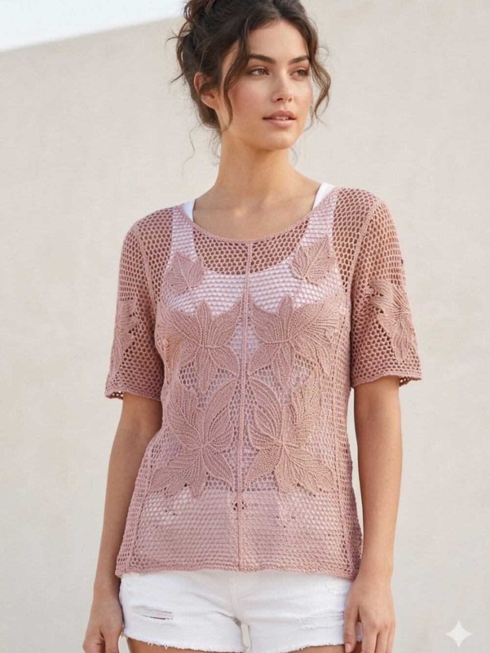 Feminine Romantic Crochet Floral Mesh Top Dusty Rose Large